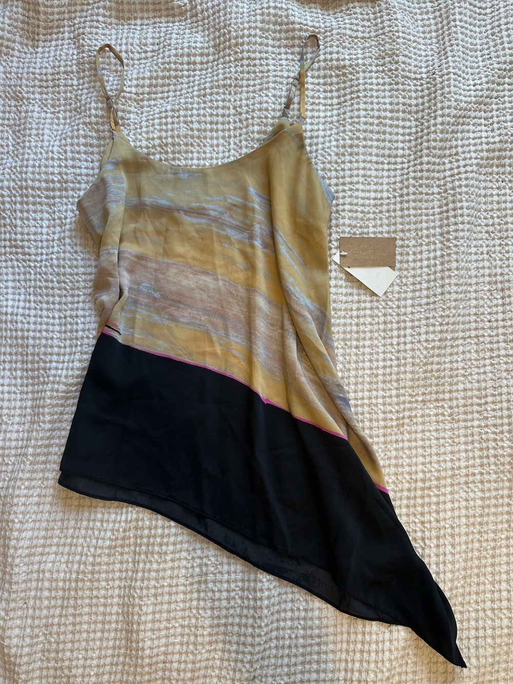 Rachel Asymmetrical Top in Mustard, Black and Pink Trim NWT